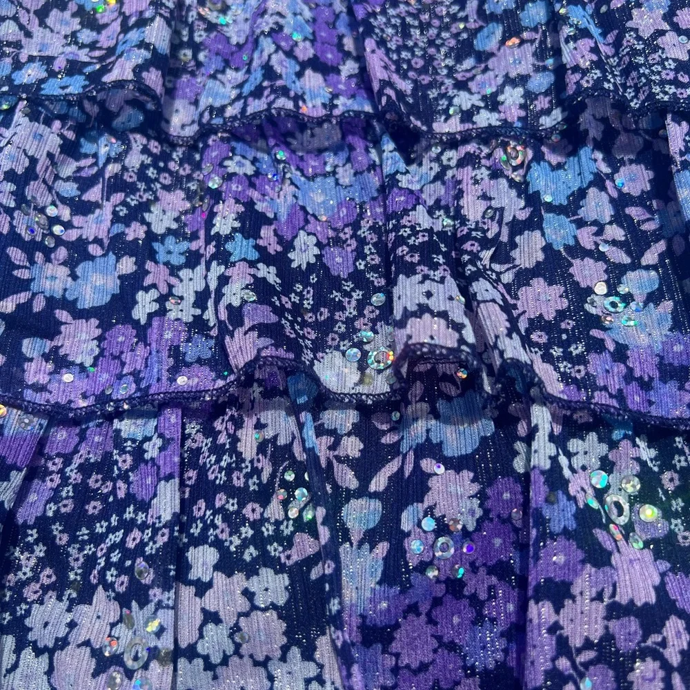 Justice girls size 16 purple floral‎ glitter tiered ruffles tie back tank top